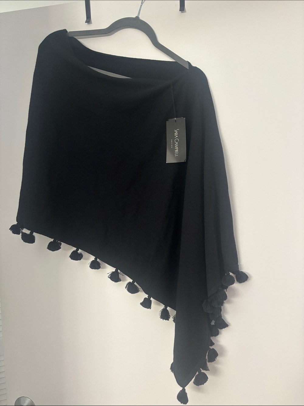 Nwt. Sara Campbell Cashmere Blend Black Tassel-Trim Poncho